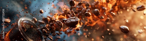 Witness a coffee explosion, where rich aromas and bold flavors twist into a fiery display, set against a futuristic background thats sharpened for an engaging banner photo