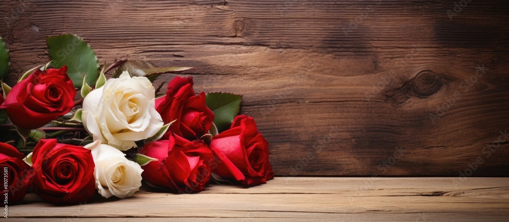 A copy space image of red and white roses on a rustic wooden surface with a sandy backdrop A copy space image of red and white roses on a rustic wooden surface with a sandy backdrop