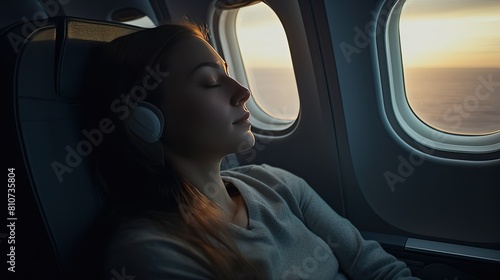 A young pretty girl sleeps near the airplane window during a flight. A tired girl dozes on an airplane with a view of the sunset, dawn.