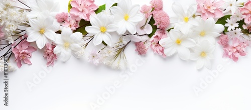 The image shows a floral arrangement with white and pink flowers on a white background It is a top down view with empty space for text This is a mockup. Creative banner. Copyspace image
