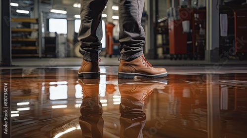 Close-up of a worker wearing boots standing on a new epoxy resin floor in a large, brightly lit room after renovation.