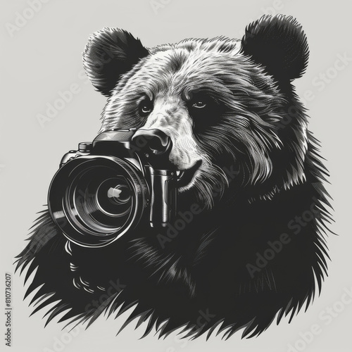 AI generated illustration of a bear using vintage camera