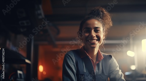 A woman mechanic specialist on the background of the workshop, garage. Smiling female master in the factory shop among machines and repair equipment.