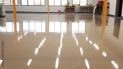 New shiny epoxy resin floor in a large, brightly lit room. Office, warehouse, production workshop after renovation.
