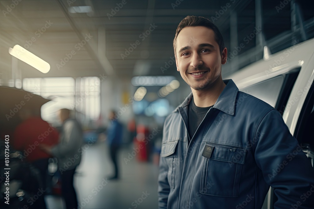 Smiling master in the factory shop among machines and repair equipment. A man mechanic specialist on the background of the workshop, garage. Smiling master in the factory shop among machines and repair equipment. A man mechanic specialist on the background of the workshop, garage.