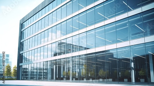 Exterior of a large glazed modern office building  business center on a bright sunny day. A deserted city street is reflected in the windows.