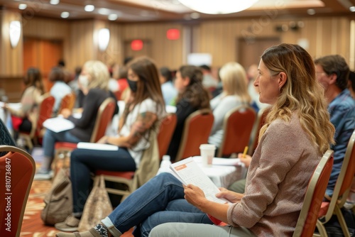 A keynote speaker leads a professional development seminar in a room filled with attendees sitting closely, taking notes, and engaging in discussions