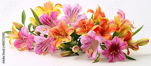 Alstroemeria flowers displayed against a white backdrop with space available for text or other elements. Creative banner. Copyspace image