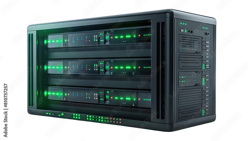 A rack of servers with green lights. A rack of servers with green lights.