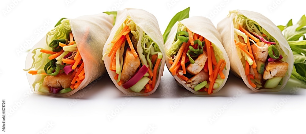 A copy space image of healthy vegetable spring rolls with sesame seeds presented on a clean white background symbolizing weight loss and a nutritious diet A copy space image of healthy vegetable spring rolls with sesame seeds presented on a clean white background symbolizing weight loss and a nutritious diet