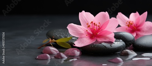 A side composition of elegant pink spa flowers placed on top of spa hot stones with a wet background The image features a dark background and copy space