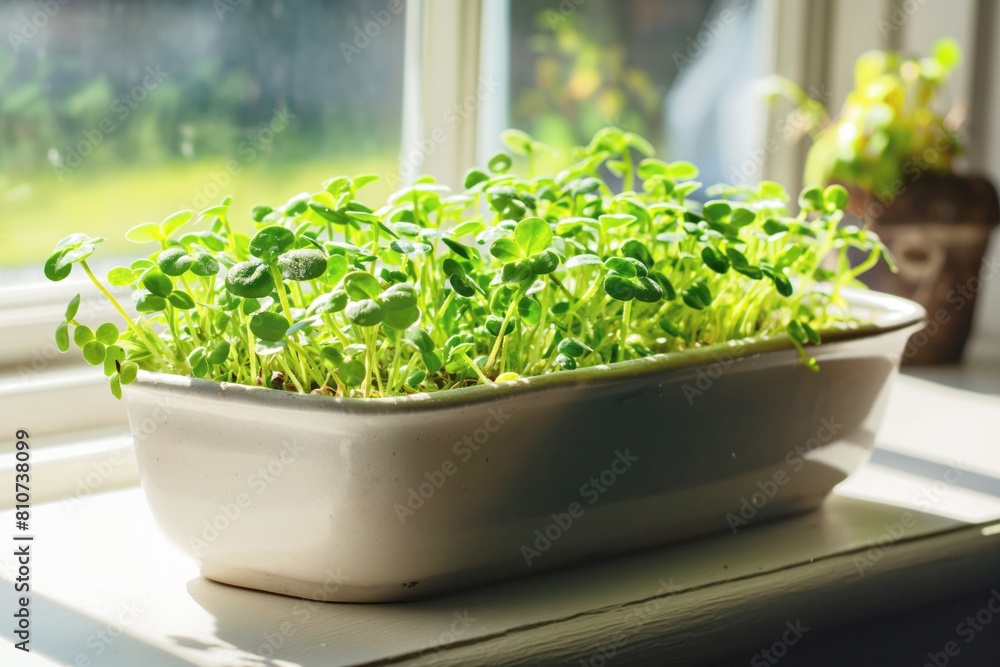 A potted plant sits on a windowsill, receiving sunlight to grow A potted plant sits on a windowsill, receiving sunlight to grow