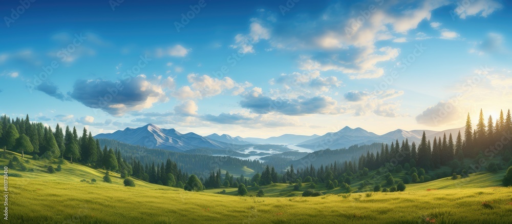 A dreamlike landscape with a panoramic view showing a majestic evergreen pine forest and green meadow surrounded by a soft golden sunlight and a clear sky The pure nature environmental conservation a