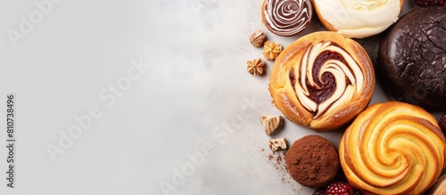 A variety of sweet pastries including homemade marble cake chocolate vanilla red velvet zebra pie can be seen in a high angle view image with copy space photo