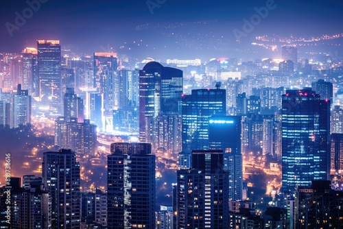 Urban cityscape at night  featuring a cluster of tall buildings illuminated by bright lights