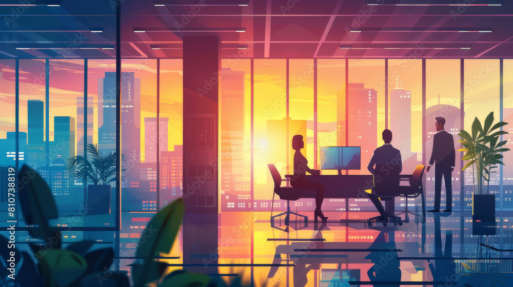 Teamwork at dusk in a modern city office Teamwork at dusk in a modern city office