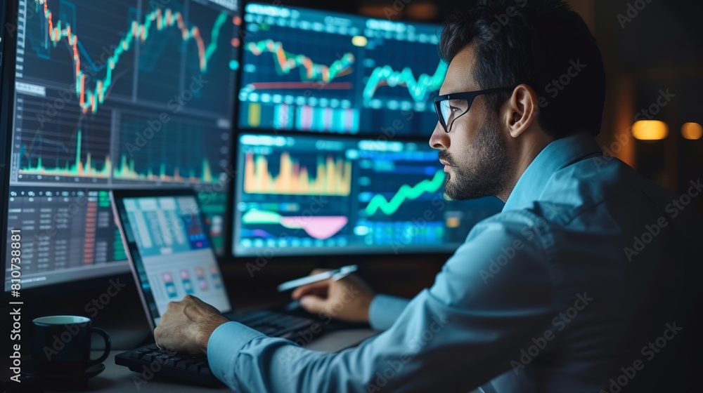Focused trader analyzing live stock market graphs on computer monitor for strategic investment planning Focused trader analyzing live stock market graphs on computer monitor for strategic investment planning