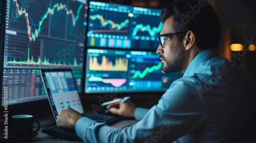 Focused trader analyzing live stock market graphs on computer monitor for strategic investment planning