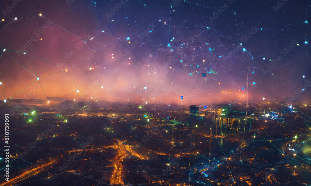 Fototapeta premium Starry Night Sky with City Lights: 3D Rendering for Desktop Backgrounds and Space-Themed Advertisements,