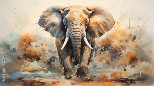 Digital illustration of an African elephant charging with splashing water in a lush savanna setting.