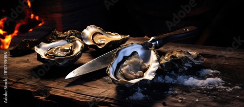 An image with a copy space showcases an open oyster and a knife all against a background of oysters photo
