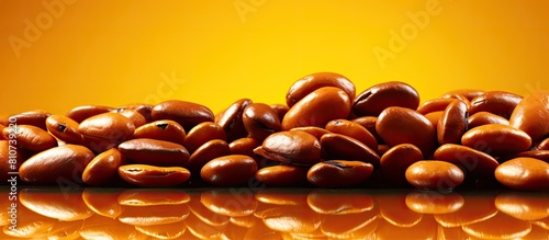 Large Maragogipe coffee beans arranged on a trendy saffron background creating a shiny and iridescent image with ample copy space photo