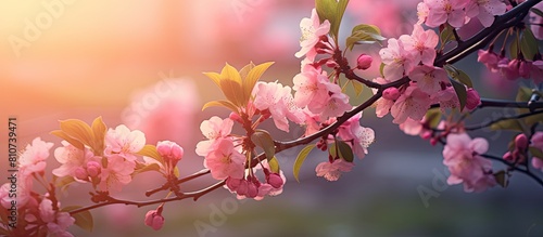 Sunlit apple tree with vibrant light pink flowers showcased in a wide close up copy space image