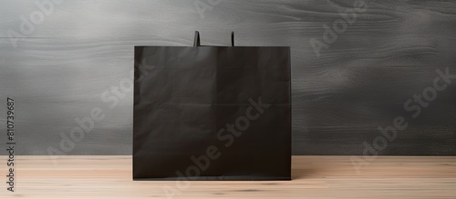 A black paper bag rests on a clean white wooden table creating a perfect space for adding text photo