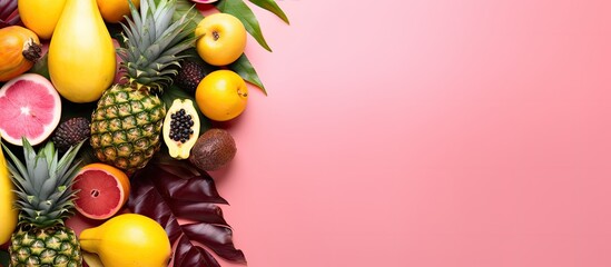 Exotic summer fruits like pineapple papaya coconut and mango arranged on a pink background This flat lay image showcases the vibrant colors of tropical fruits and leaves enough room for additional te
