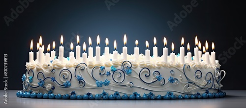 A delightful white cake adorned with enchanting blue decorations with the delightful addition of 20 candles standing tall on its surface creating a visually stunning copy space image