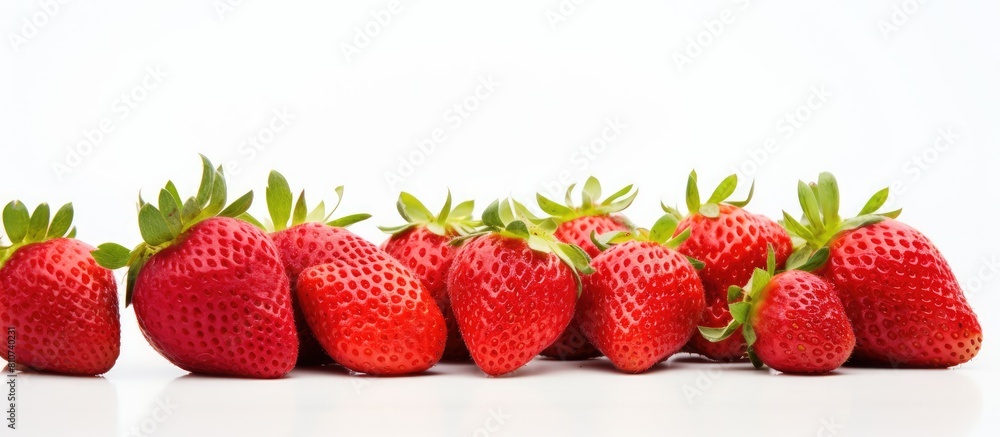 Close up image of fresh strawberries captured in a macro shot with a clean white background and ample space surrounding the berries Close up image of fresh strawberries captured in a macro shot with a clean white background and ample space surrounding the berries
