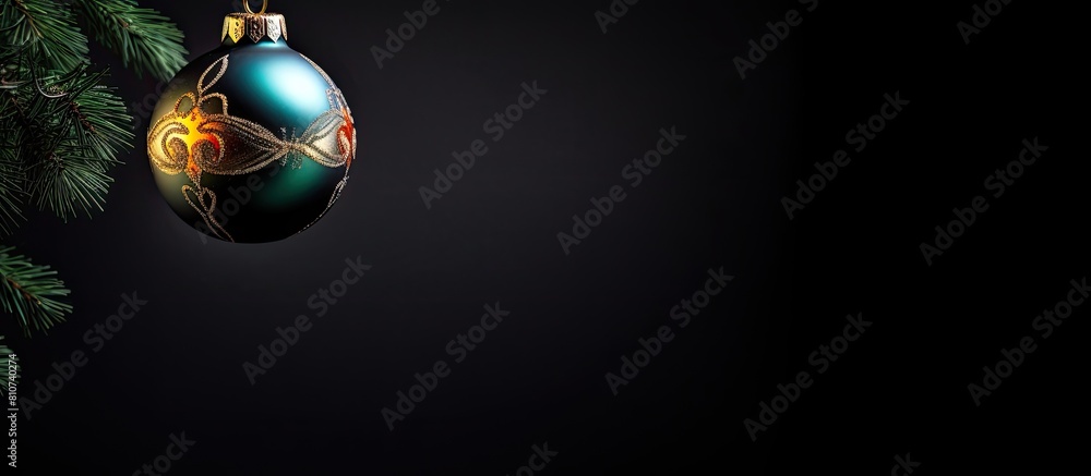 Fototapeta premium A vibrant ornament decorates a Christmas tree standing out against a dark backdrop providing ample copy space in the image