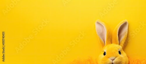 A yellow velvet bunny is displayed on a yellow background with copy space image at the top and bottom creating a flat lay easter and kids party concept