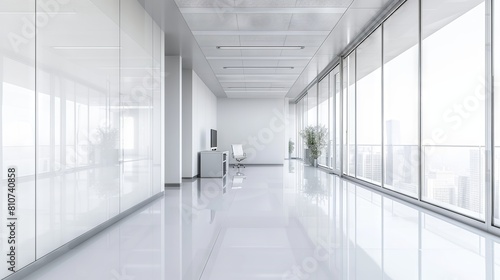 Modern white open space office interior with a mock-up wall for business presentations and collaborative workspaces