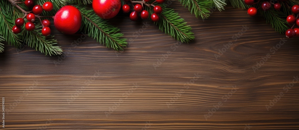 Top down view of a Christmas themed background featuring tree branches red apples cranberries and a light wooden table Ample space available for text or images