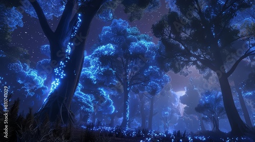In the twilight zone of a tidally locked planet, bioluminescent trees create a glowing forest visible from space photo