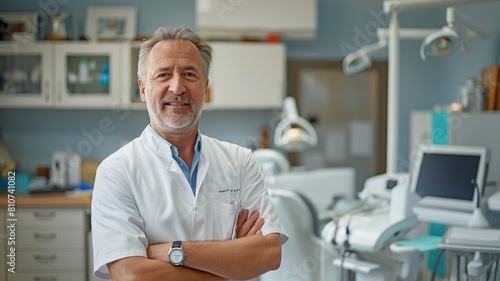A middle-aged dentist is at his office creating a treatment plan.