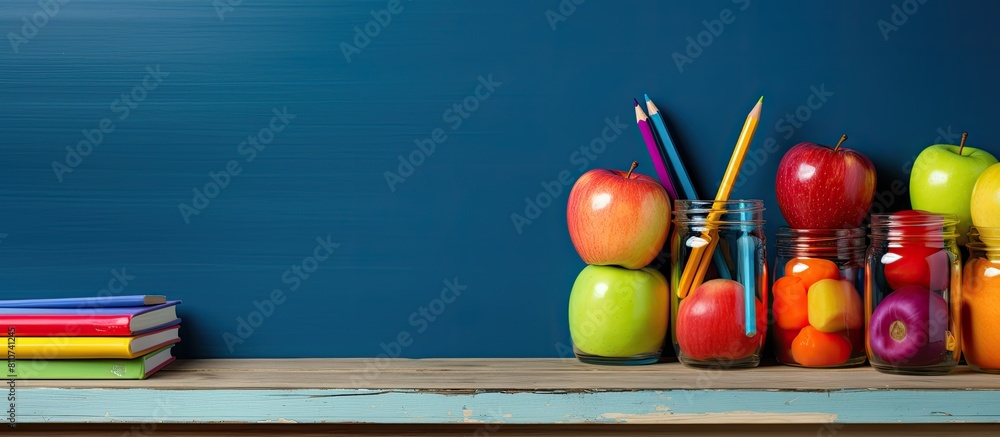 There is a copy space image of textbooks a jar of coloring pencils and an apple on a shelf There is a copy space image of textbooks a jar of coloring pencils and an apple on a shelf
