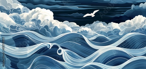 3d render, ink drawing of waves with clouds, dark blue background, white outlin. photo