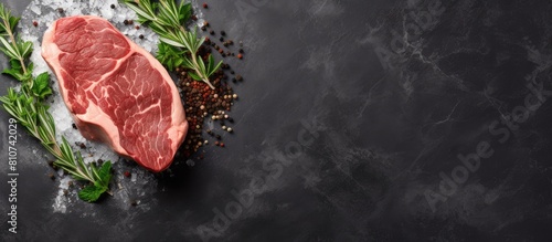 Top view of a dry aged fillet mignon beef steak with herbs on a gray background showcasing the raw marble texture of the meat. Creative banner. Copyspace image