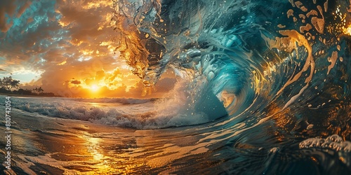 A stunning view from inside a curling turquoise wave, capturing the dynamic textures as it breaks towards a sunlit beach