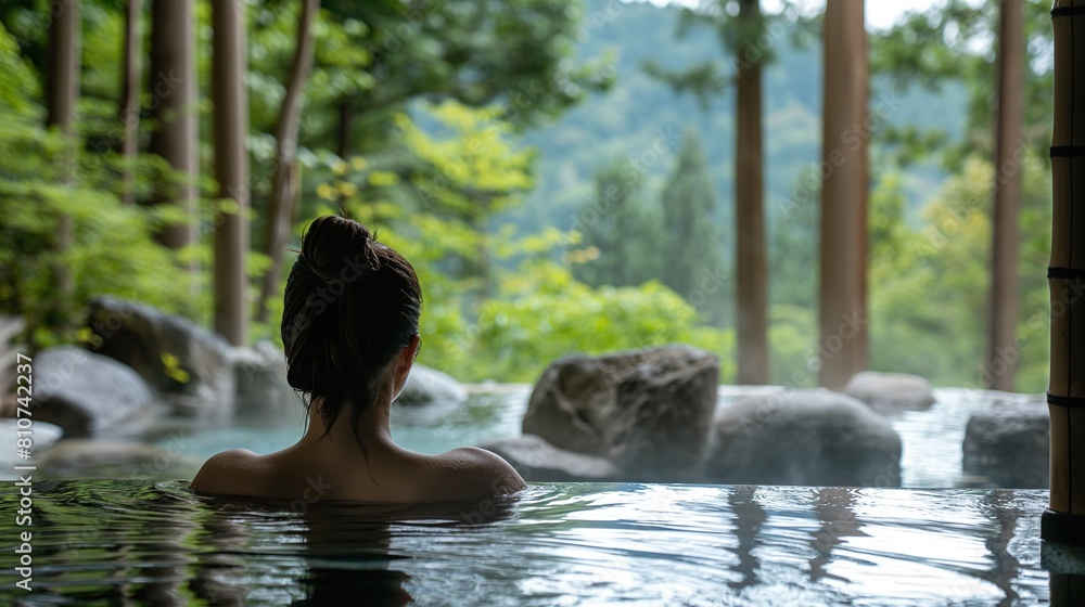 woman relaxing in onsen woman relaxing in onsen