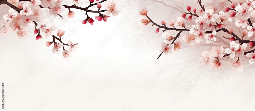 Fototapeta premium A postcard layout featuring blossoming cherry twigs with ample space for text creating a captivating visual and providing a white blank area
