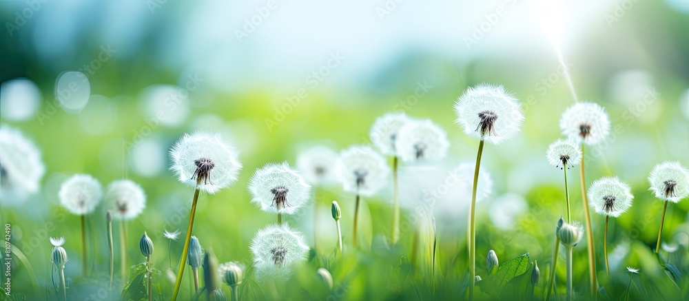 Field with white soft dandelion fluff providing ample copy space image Field with white soft dandelion fluff providing ample copy space image
