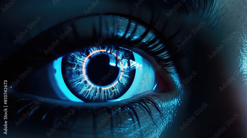 Fototapeta premium Close-up of the eye of a humanoid robot android with neon technological elements embedded in the retina and pupil, scanner.