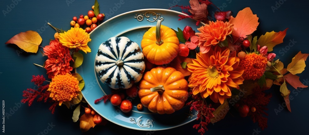 Above view of a floral composition for Thanksgiving Day featuring colorful pumpkins fallen leaves and an orange plate in the center providing copy space for text Square image Above view of a floral composition for Thanksgiving Day featuring colorful pumpkins fallen leaves and an orange plate in the center providing copy space for text Square image