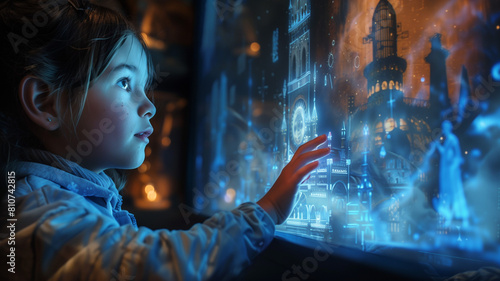 oung Girl Amazed by Futuristic Digital Display of Cityscape