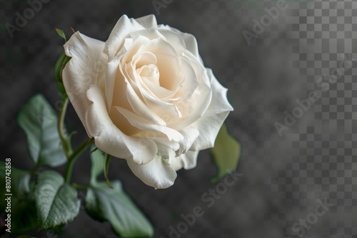 Elegant White Rose with Leaves on Dark Textured Background 