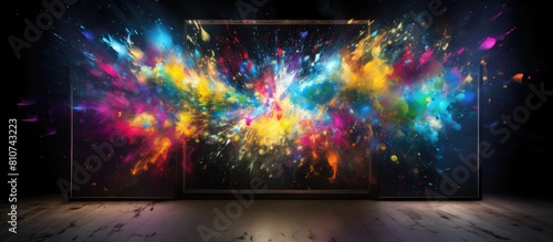 A colorful art creation with paint has been placed on a sleek black canvas Behind it a captivating light display provides a stunning background adding to the artistic flair The image oozes with creat photo