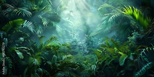 Tropical Jungle Background. Atmospheric Wallpaper with Lush  Tropical Vegetation.